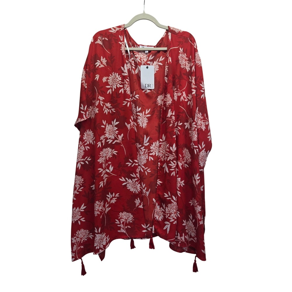 NWT DR2 by Daniel Rainn Red Floral Kimono Cardigan Tassel Trim Plus Size 2X NEW
